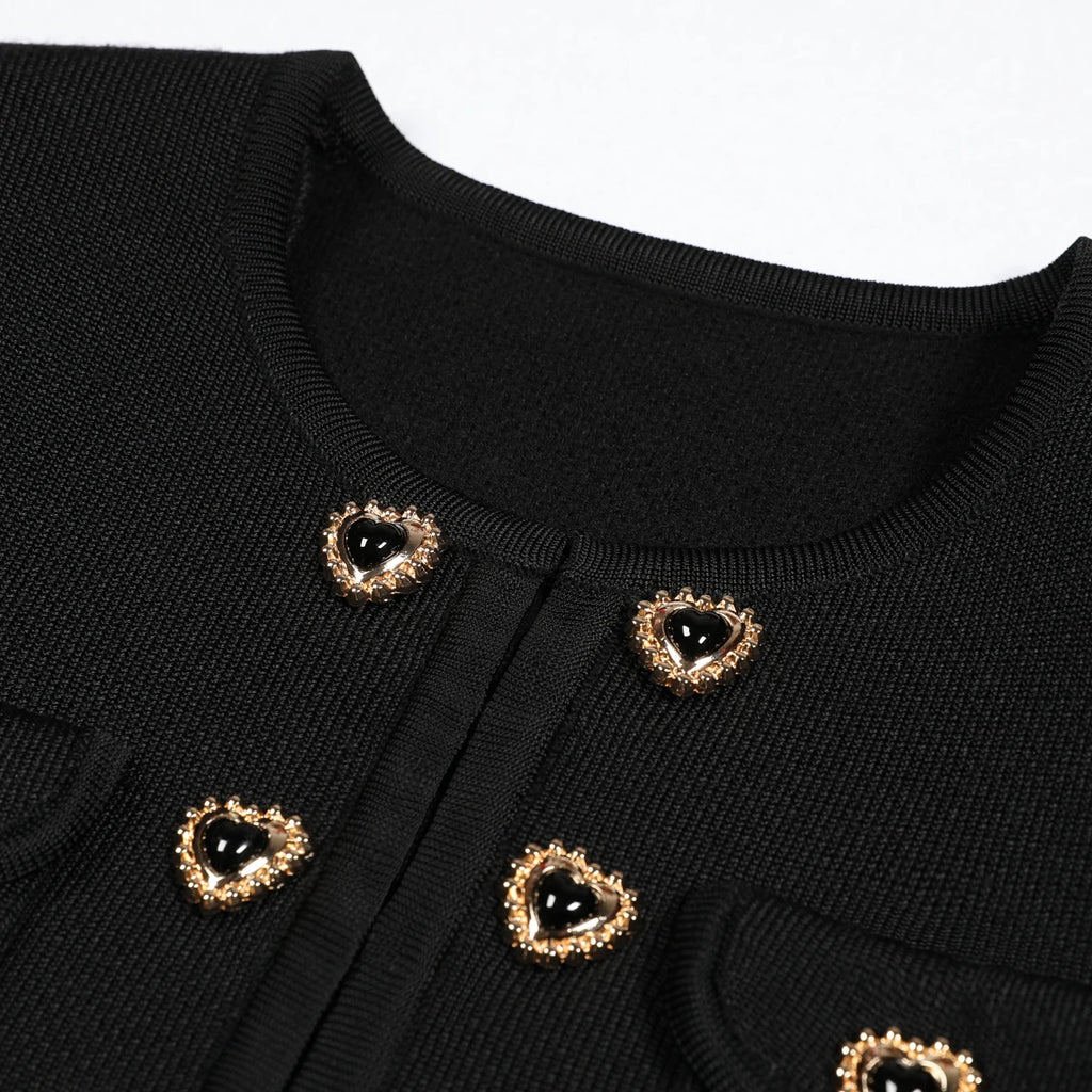 Alta qualidade nova moda elástica de malha em torno do pescoço em forma de coração botão cardigan fino ajuste meia saia conjunto feminino