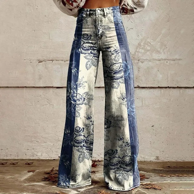 Calça jeans feminina estampada 3D, calça larga de poliéster com aparência vintage desgastada, cintura alta, ajuste confortável para moda urbana