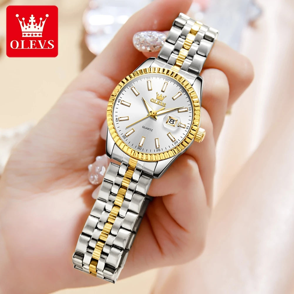 Olevs 5593 mulher relógio de aço inoxidável à prova dwaterproof água data automática elegante senhoras relógio de pulso luxo original relógio de quartzo para mulher novo