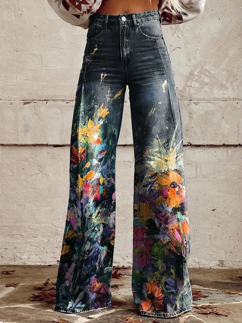 Calça jeans feminina estampada 3D, calça larga de poliéster com aparência vintage desgastada, cintura alta, ajuste confortável para moda urbana