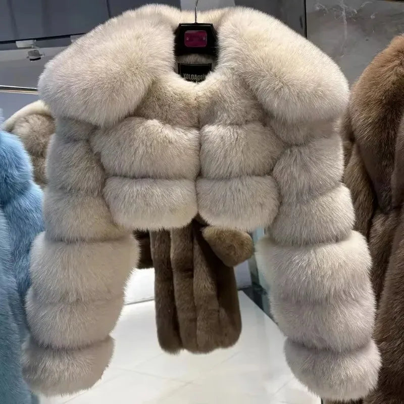Casaco Curto Feminino de Pele Sintética de Raposa, Gola Dobrável, Jaqueta Grossa Estilo Y2K Streetwear, Casaco de Trabalho para Outono Inverno 2025