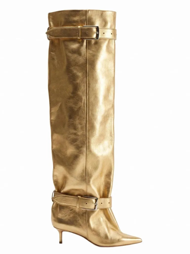 Novas Botas Femininas Acima do Joelho com Salto Fino Pontiagudo, Fivela de Cinto e Cano Largo para Desfile de Moda, Tamanhos 35-46, Botas Femininas Acima da Coxa
