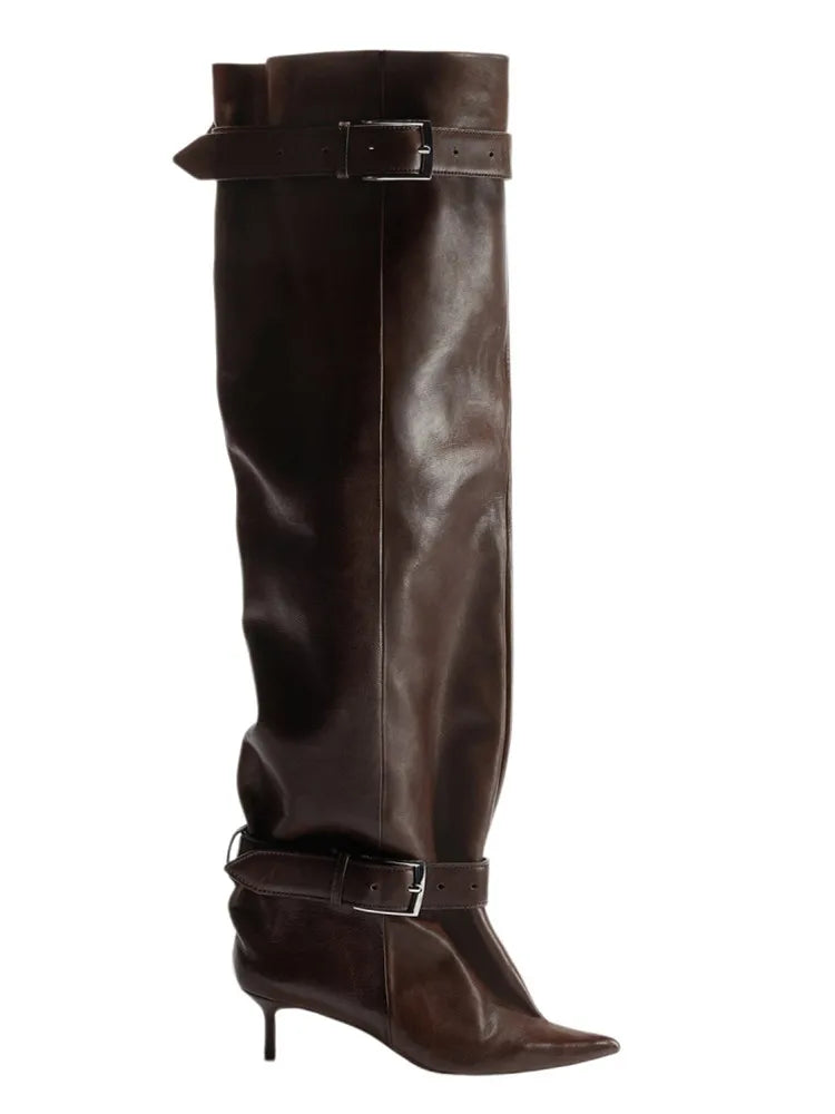 Novas Botas Femininas Acima do Joelho com Salto Fino Pontiagudo, Fivela de Cinto e Cano Largo para Desfile de Moda, Tamanhos 35-46, Botas Femininas Acima da Coxa