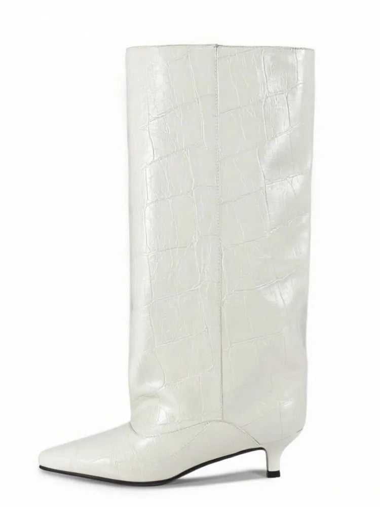 Botas Femininas de Cano Médio com Salto Baixo Pontudo 2026, Botas de Cano Alto da Moda com Salto Fino, Tamanhos Grandes 35-45