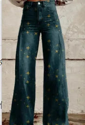 Calça jeans feminina estampada 3D, calça larga de poliéster com aparência vintage desgastada, cintura alta, ajuste confortável para moda urbana