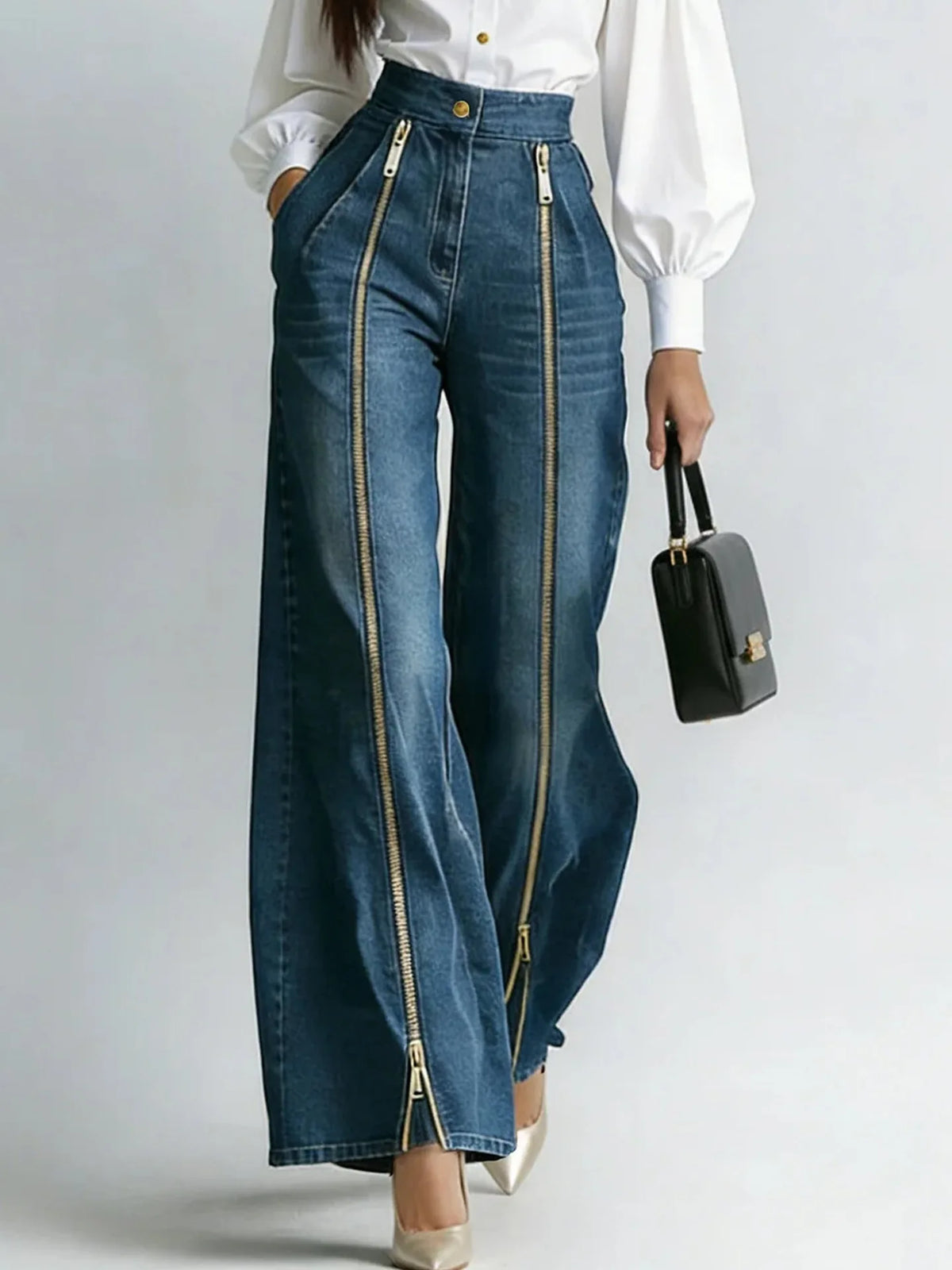 Calças Jeans Femininas de Cintura Alta Estilo INS com Zíper Dourado, Perna Larga, Corte Reto, Modernas, Casuais, Soltas e com Bolsos Inclinados
