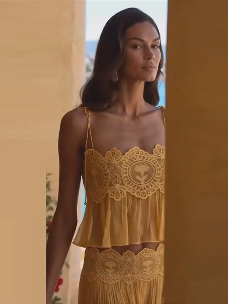 Conjunto de 2 Peças Feminino Sexy de Renda e Cetim: Blusas Regata Justas Sem Manga e Calças Longas de Perna Larga - Novo Lançamento 2026 para o Verão e Férias