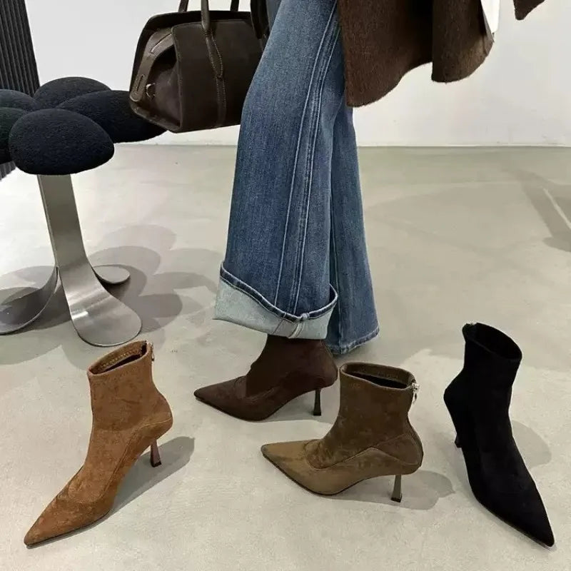 Botas Femininas Retrô de Camurça com Salto Fino e Bico Fino, Estilo Francês, para Escritório, Outono Inverno