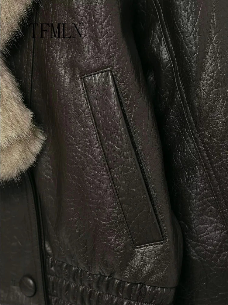 Tfmln 2025 inverno feminino solto jaqueta de couro falso moda removida grande gola de pele casaco causal high street duplo breasted outwear
