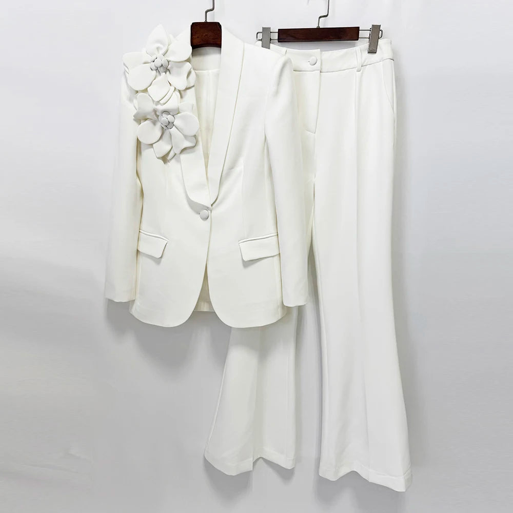 Conjunto de Terno Feminino de Designer da Moda 2026 HIGH STREET, Jaqueta com Flores Tridimensionais e Calças, 2 Peças