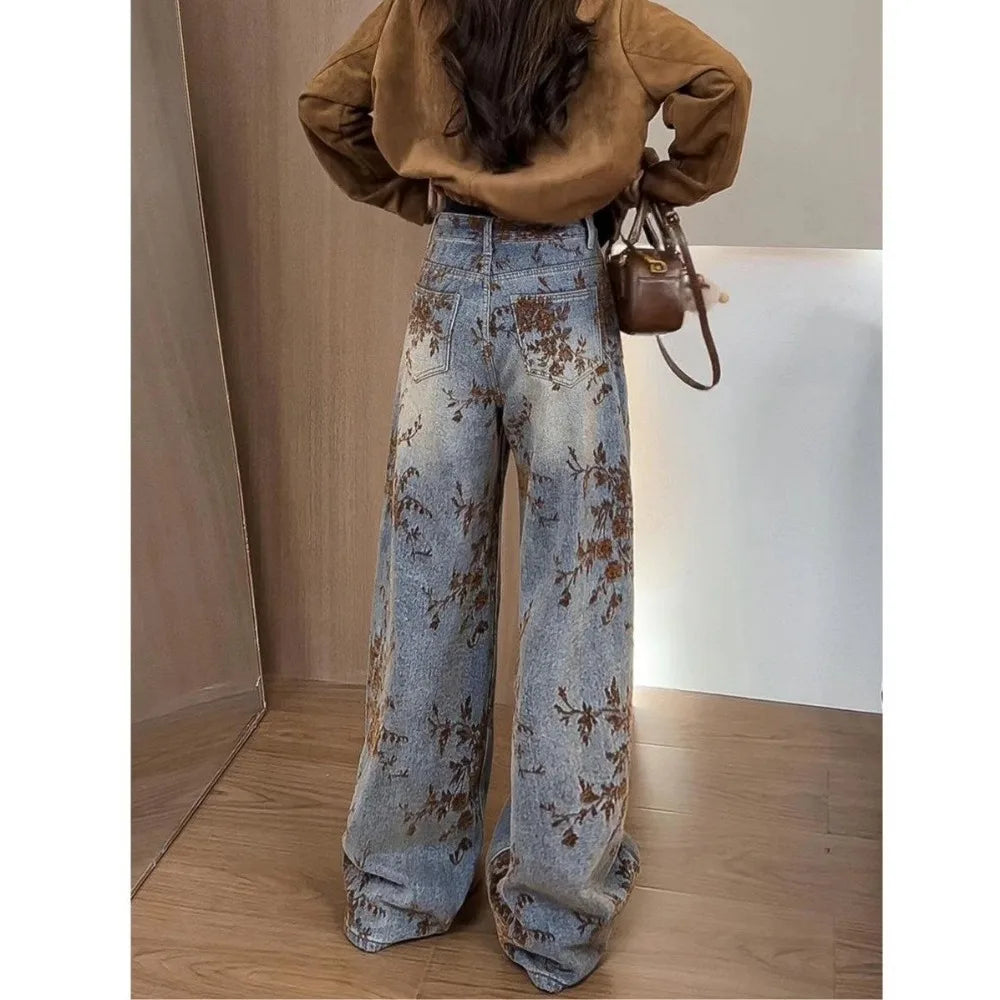 Calça Jeans Feminina de Perna Larga com Jacquard Flocado - Novo Estilo Inverno 2025, Cintura Alta, Efeito Emagrecedor, Perna Reta