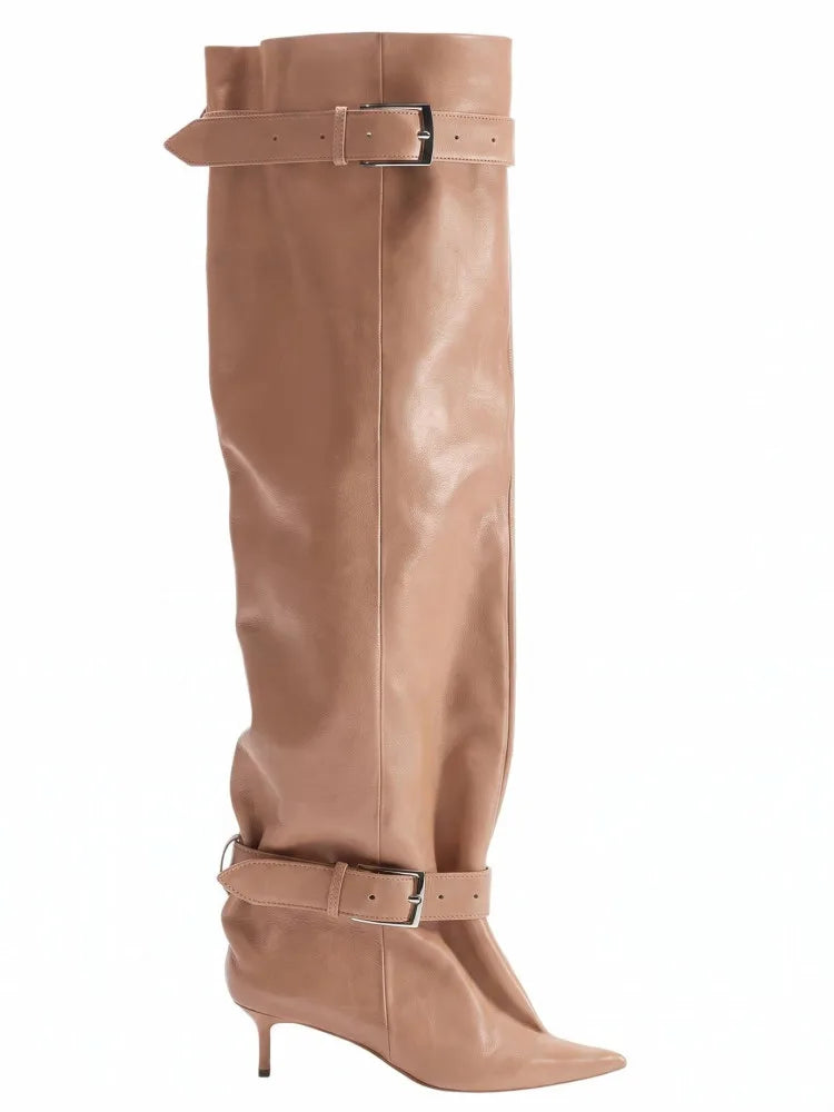 Novas Botas Femininas Acima do Joelho com Salto Fino Pontiagudo, Fivela de Cinto e Cano Largo para Desfile de Moda, Tamanhos 35-46, Botas Femininas Acima da Coxa