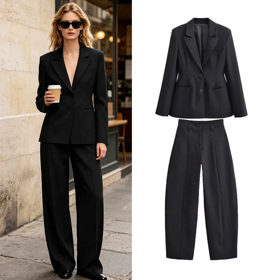 Novo Conjunto Feminino de 2 Peças: Blazer de Manga Longa com Corte Ajustado e Calças Simples de Cintura Alta, Elegante e Moderno
