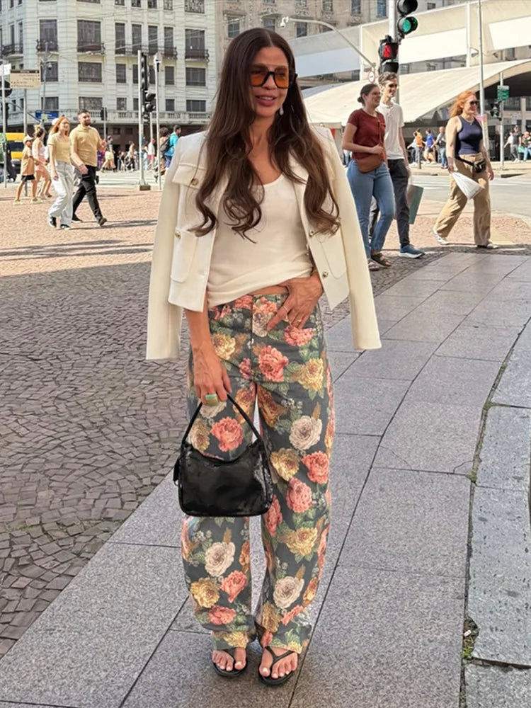 Calça Jeans Feminina Vintage 2026 com Estampa Floral, Cintura Alta, Perna Larga Solta, Reta, Estilo Retrô com Efeito de Pintura a Óleo, Casual Streetwear