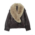 Tfmln 2025 inverno feminino solto jaqueta de couro falso moda removida grande gola de pele casaco causal high street duplo breasted outwear