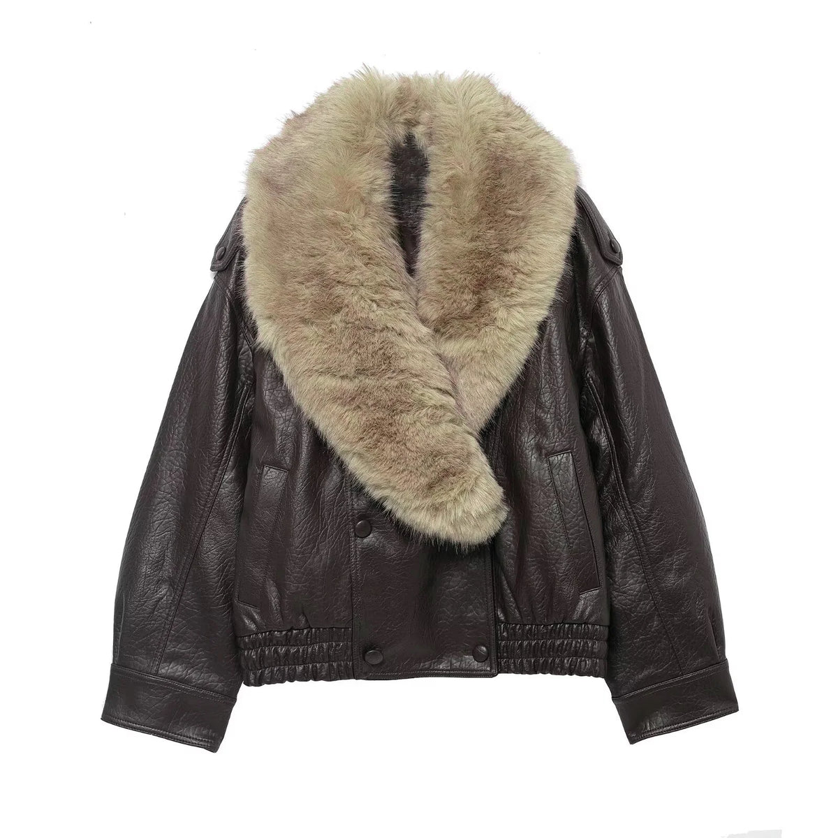 Tfmln 2025 inverno feminino solto jaqueta de couro falso moda removida grande gola de pele casaco causal high street duplo breasted outwear
