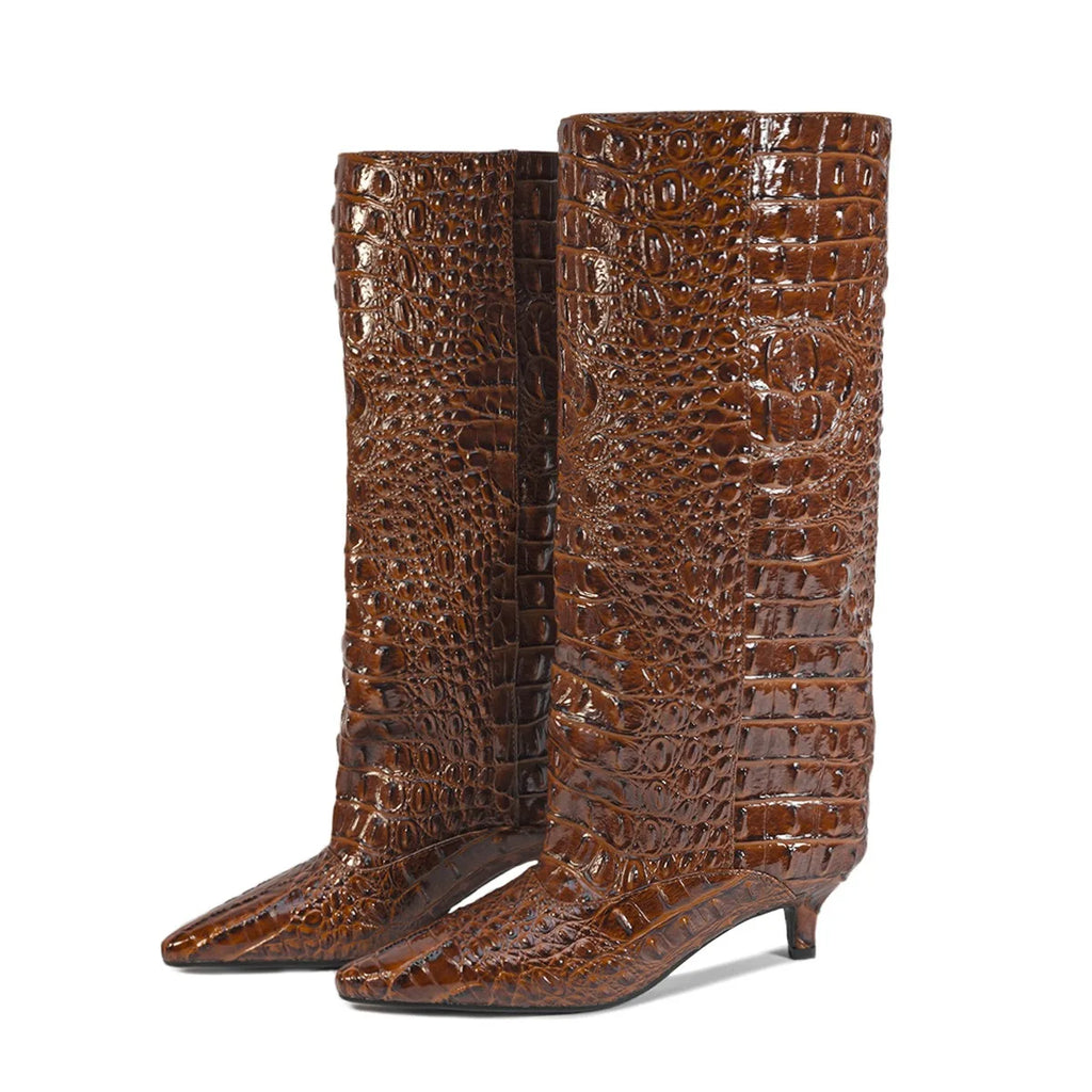 Botas Femininas de Cano Médio com Salto Baixo Pontudo 2026, Botas de Cano Alto da Moda com Salto Fino, Tamanhos Grandes 35-45
