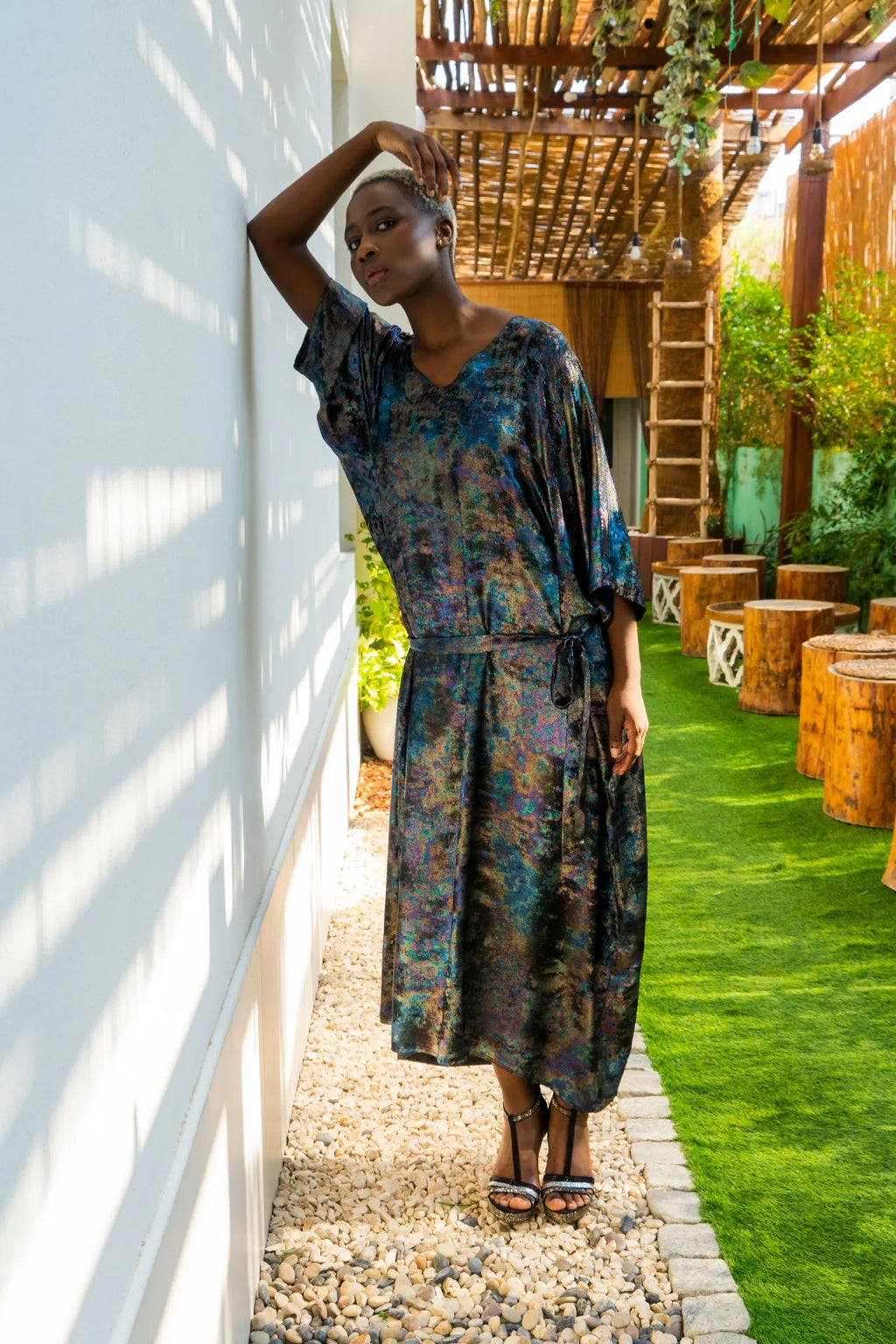 Shadow Of Sequin Shimmer Long Kaftan Dress - Rainbow Black Party Dress