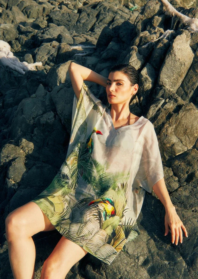 Wild Wings Bird In The Jungle Sheer Short Kaftan Dress - Green & Multicolor Beach Cover Up