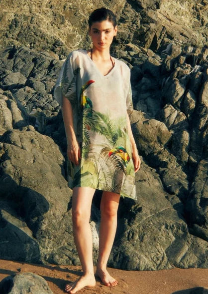 Wild Wings Bird In The Jungle Sheer Short Kaftan Dress - Green & Multicolor Beach Cover Up