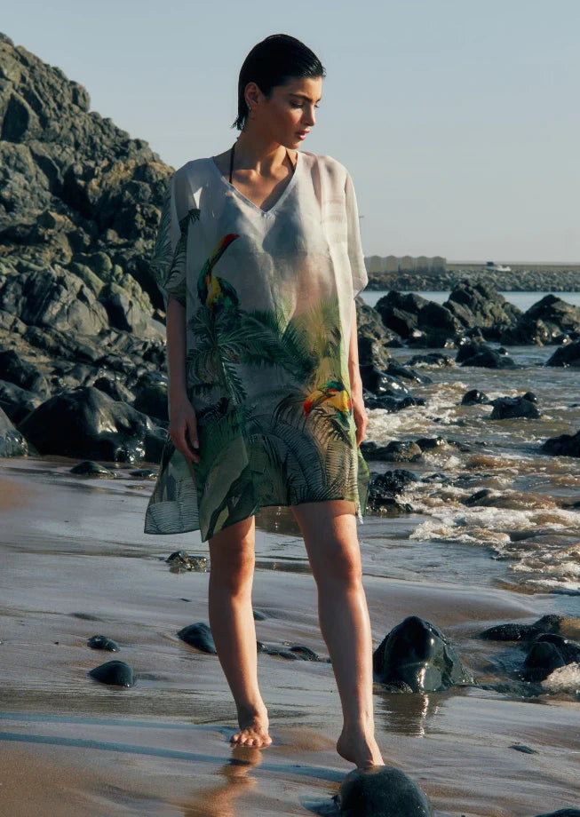 Wild Wings Bird In The Jungle Sheer Short Kaftan Dress - Green & Multicolor Beach Cover Up
