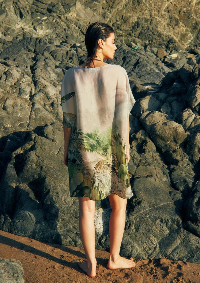 Wild Wings Bird In The Jungle Sheer Short Kaftan Dress - Green & Multicolor Beach Cover Up