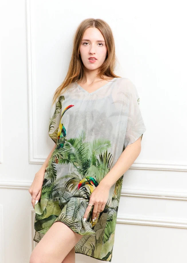Wild Wings Bird In The Jungle Sheer Short Kaftan Dress - Green & Multicolor Beach Cover Up