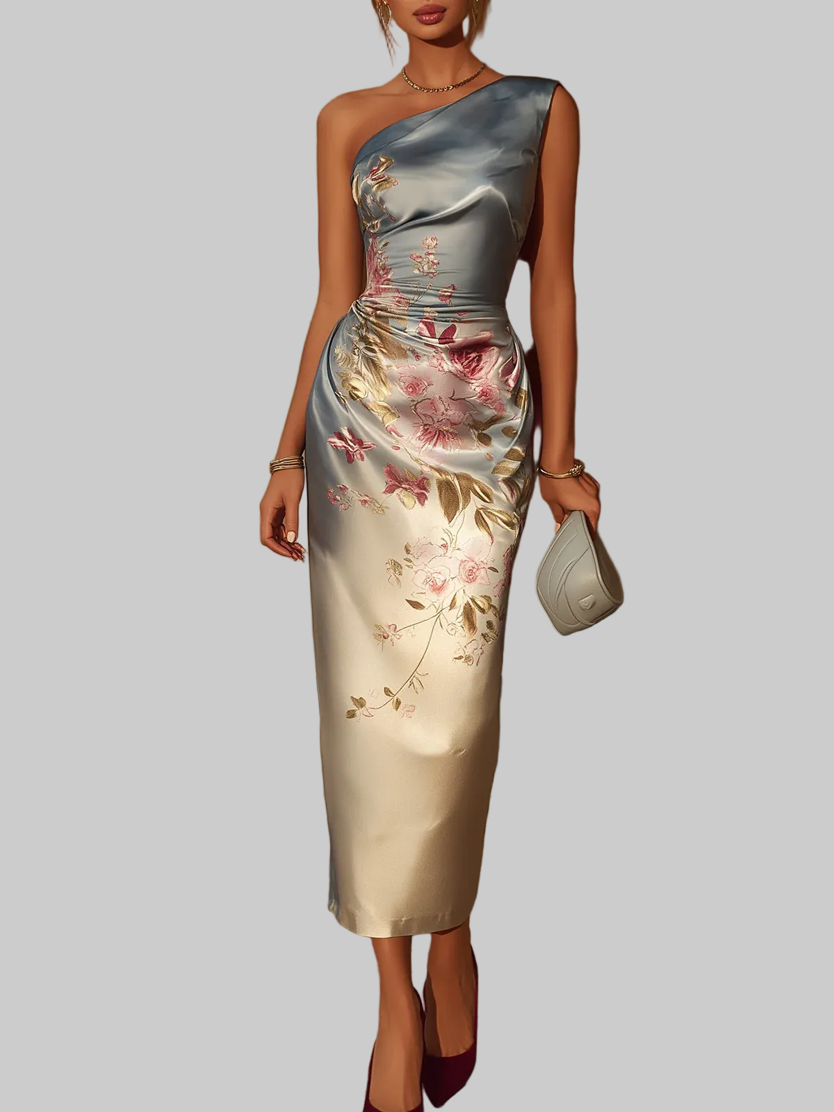 Robe Midi Satinée avec Motif Floral sur Une Épaule