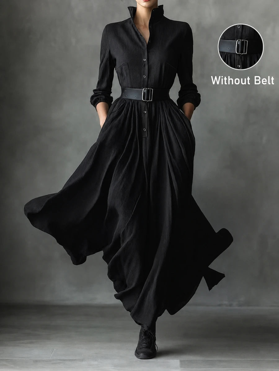 Vestido longo feminino de outono/inverno com gola alta pequena, frente semiaberta e manga comprida, roupa de férias, vestido elegante de festa, vestido de formatura, vestido casual, vestido formal, estilo campestre, vestido preto