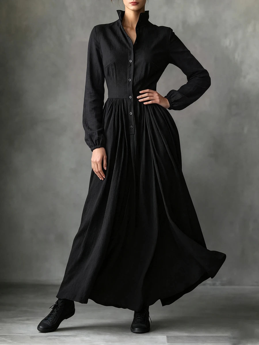 Vestido longo feminino de outono/inverno com gola alta pequena, frente semiaberta e manga comprida, roupa de férias, vestido elegante de festa, vestido de formatura, vestido casual, vestido formal, estilo campestre, vestido preto