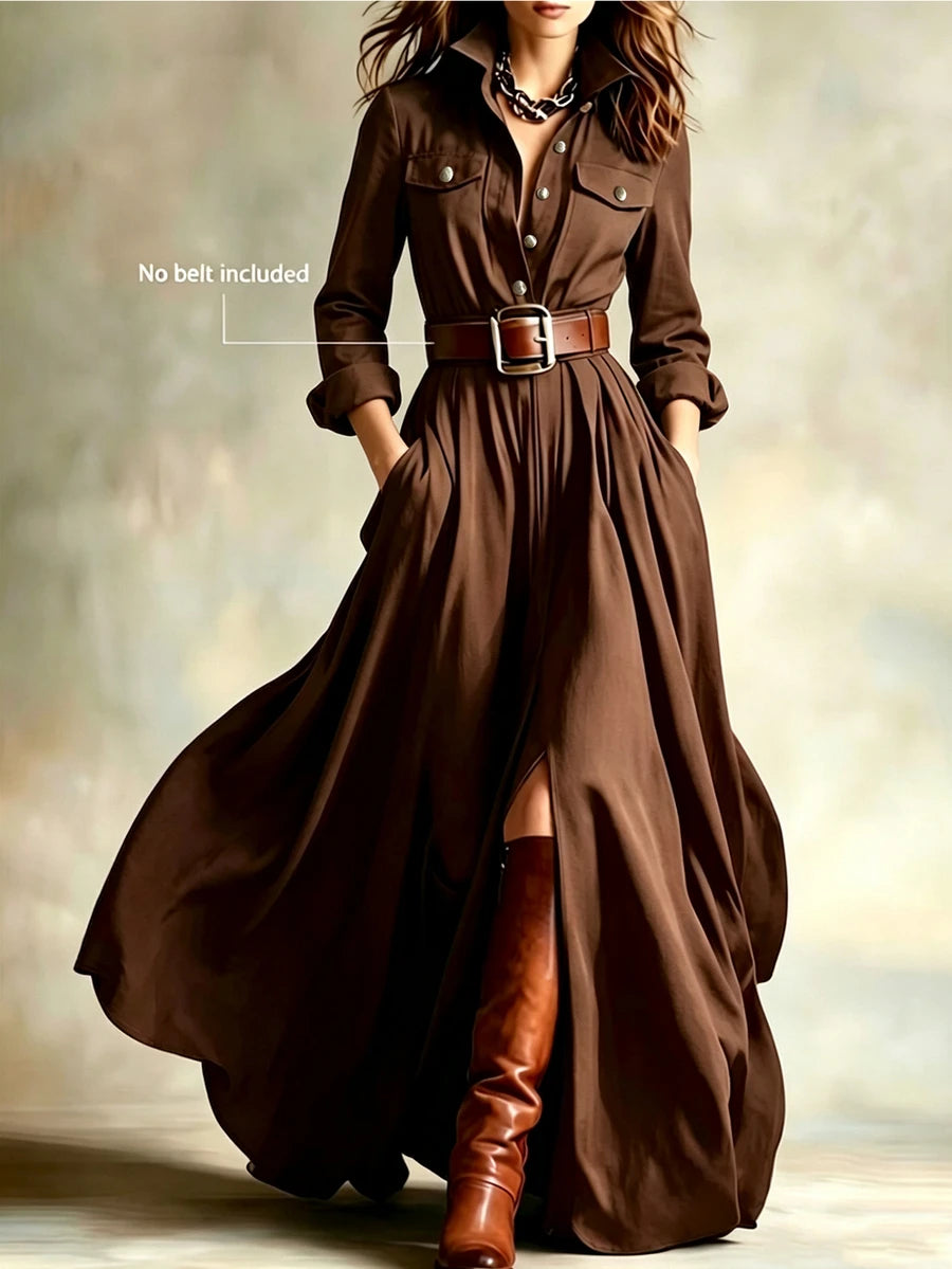 Vestido casual para mulher, para deslocações e férias, com gola de lapela, cintura marcada, bainha com abertura, para uso diário, encontros e festas
