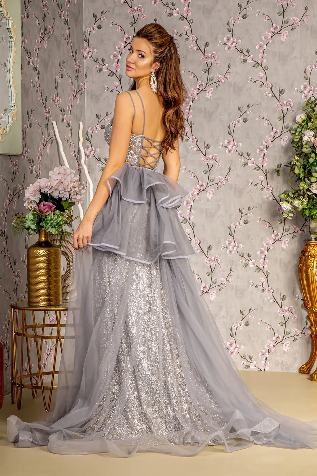Jewel sheer bodice mesh mermaid long dress w detachable waist drape GLGL3273