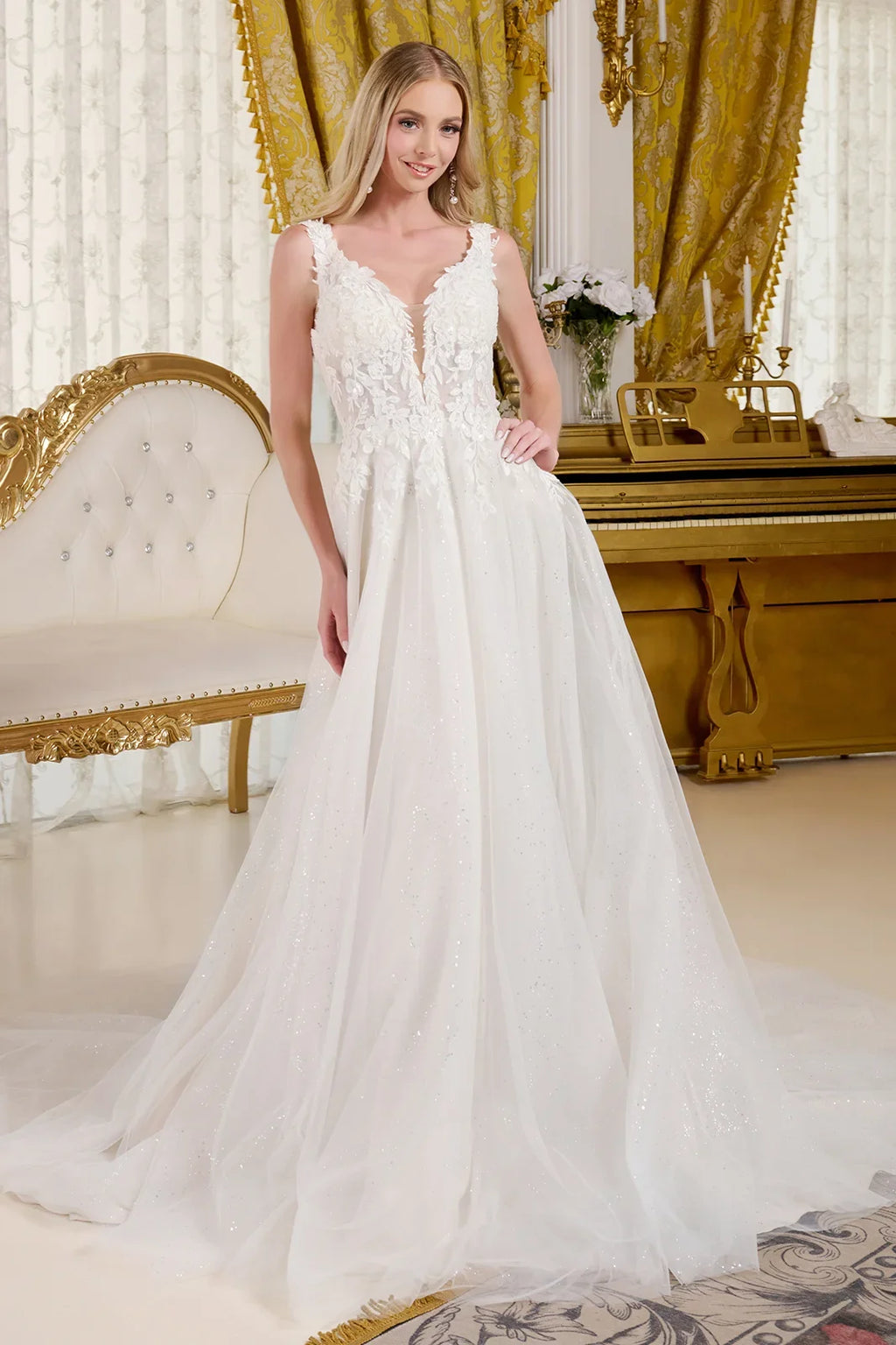 V neck embellished shoulder straps glittery underlayer low v back a line wedding gown GLGL3661