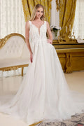 V neck embellished shoulder straps glittery underlayer low v back a line wedding gown GLGL3661