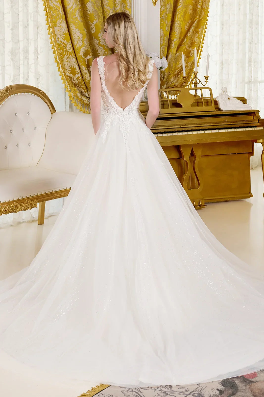 V neck embellished shoulder straps glittery underlayer low v back a line wedding gown GLGL3661