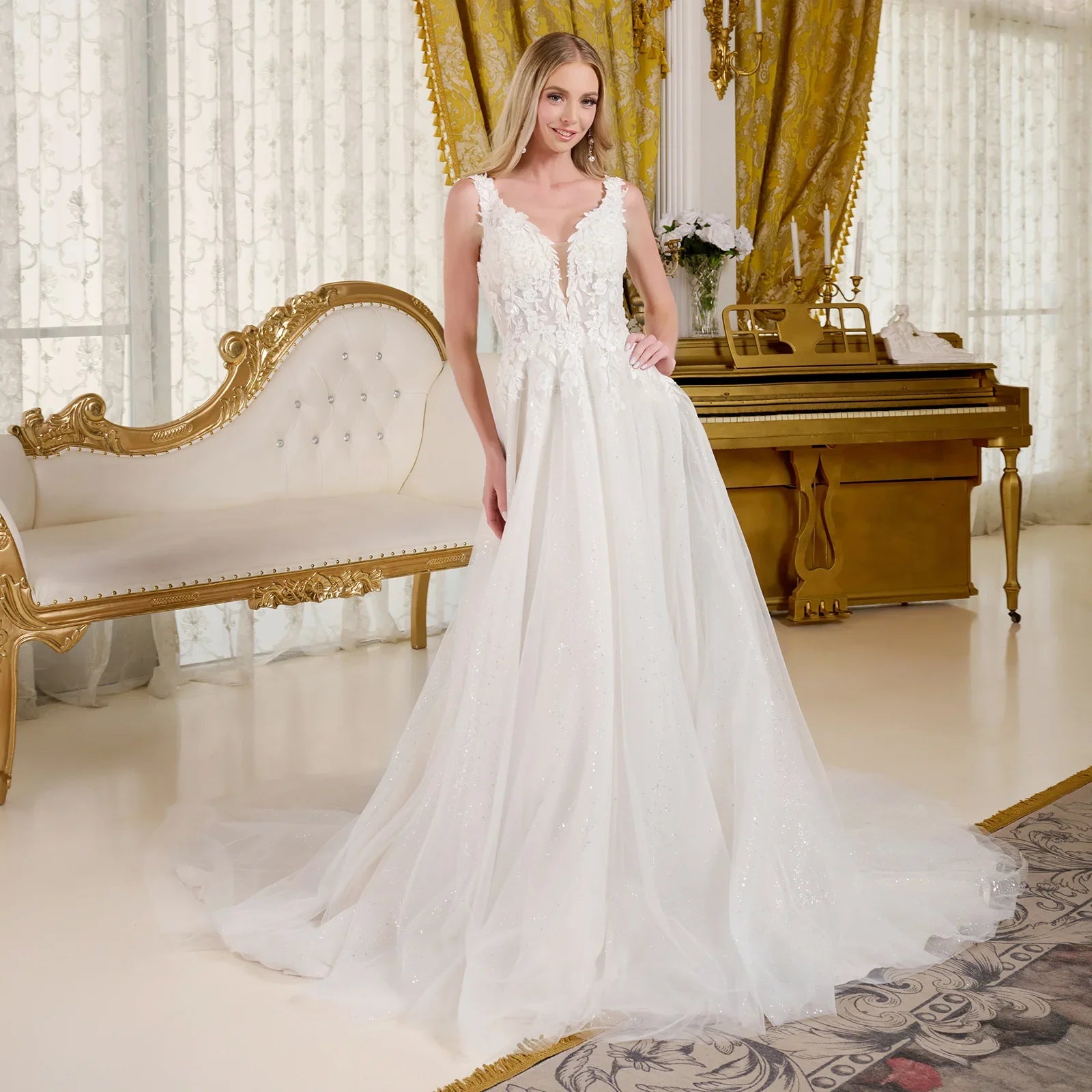 V neck embellished shoulder straps glittery underlayer low v back a line wedding gown GLGL3661