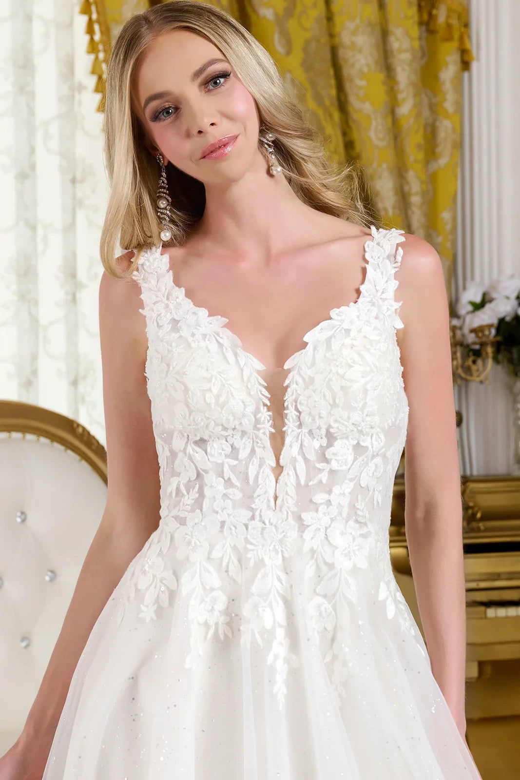 V neck embellished shoulder straps glittery underlayer low v back a line wedding gown GLGL3661