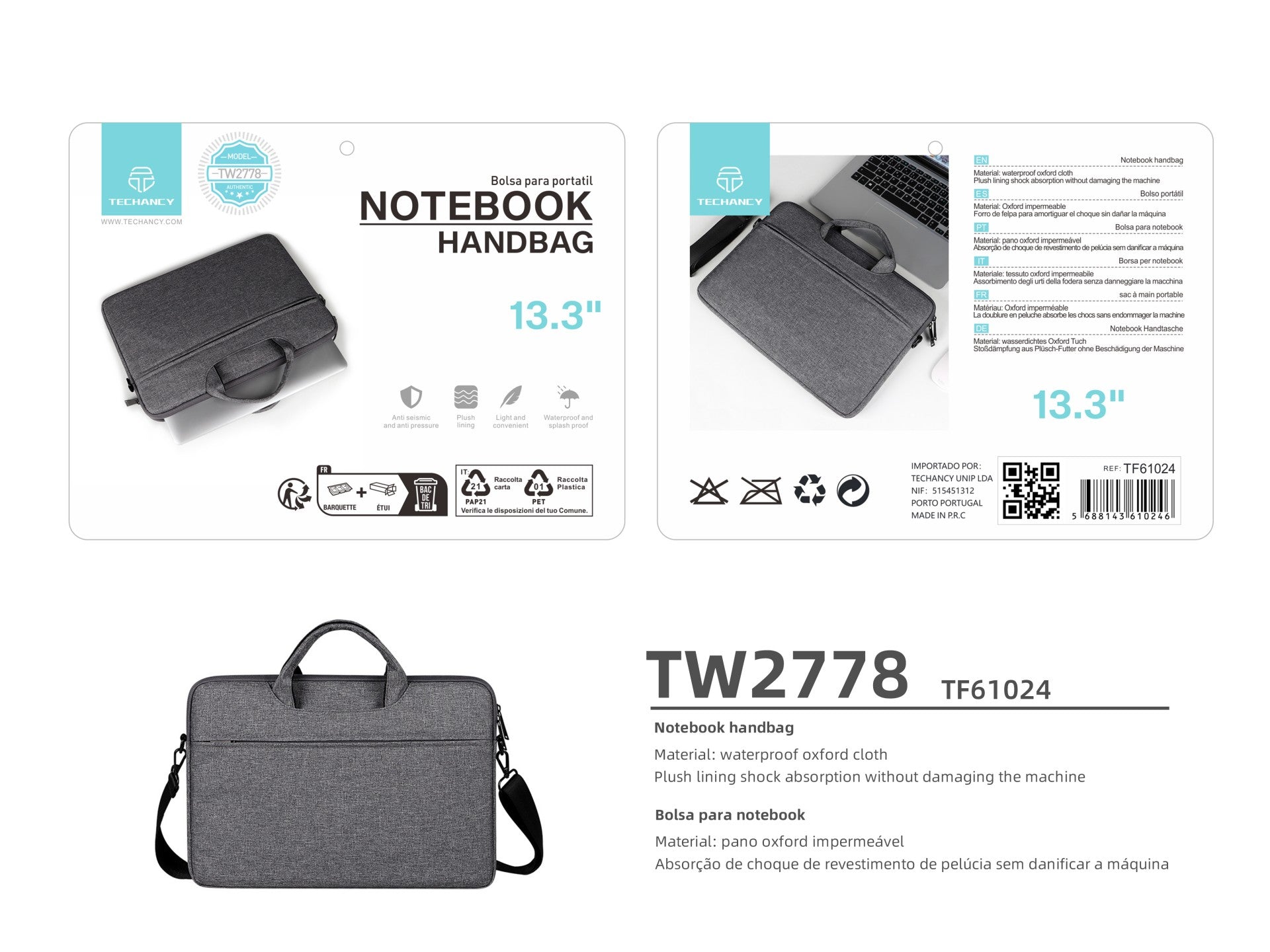 Mala para computador portátil Techancy TW2778, Preto, 13,3 polegadas, alça ajustável