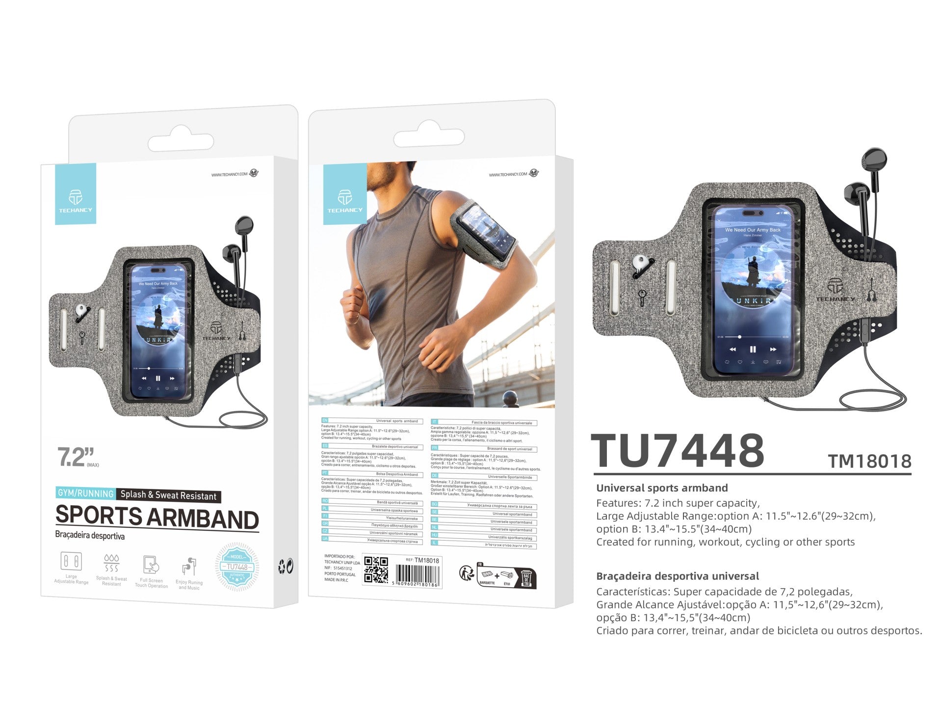 Techancy Bolsa De Braço Desportiva TU7448, Compatível Com Telemóveis De 7,2', Ecrã Tátil Transparente,Tamanho Ajustável,