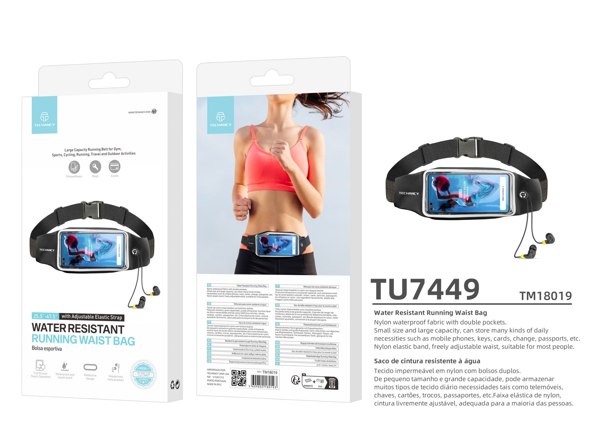 Techancy Sports Waist Pack, TU7449, Cintura Elástica Ajustável. Grande Capacidade Para Telemóvel, Chaves, Etc., Preto