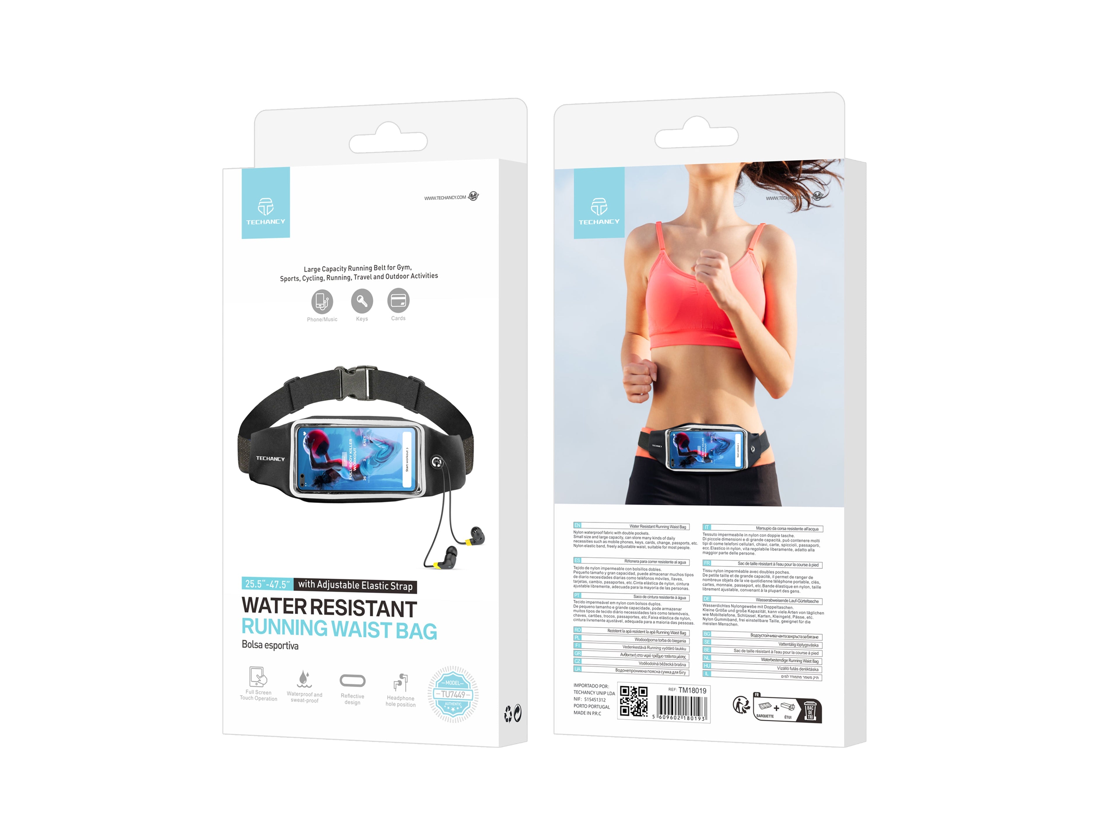 Techancy Sports Waist Pack, TU7449, Cintura Elástica Ajustável. Grande Capacidade Para Telemóvel, Chaves, Etc., Preto