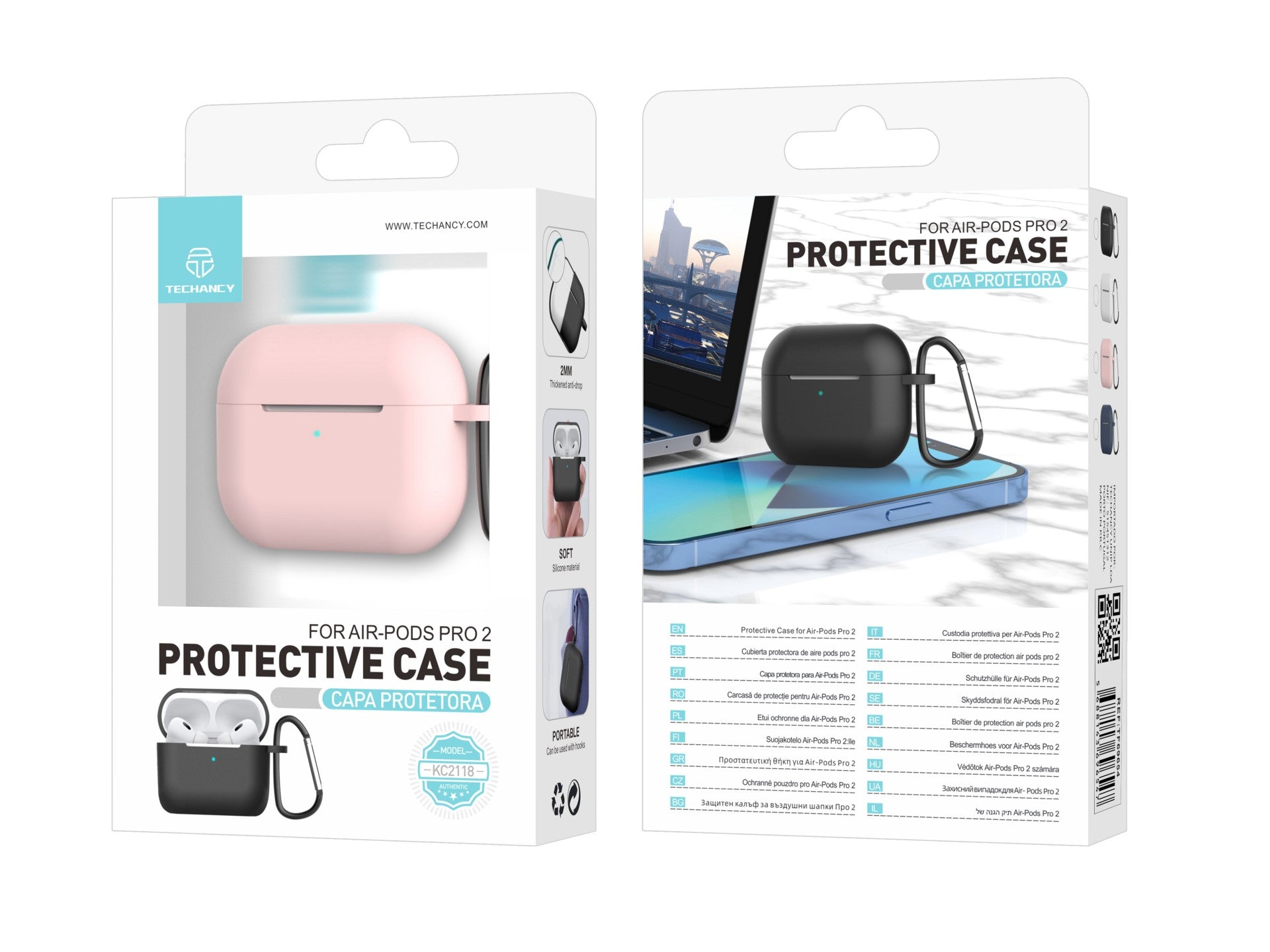 Capa protetora de silicone para auriculares Techancy, KC2118, compatível com AirPods Pro 2.ª geração, rosa