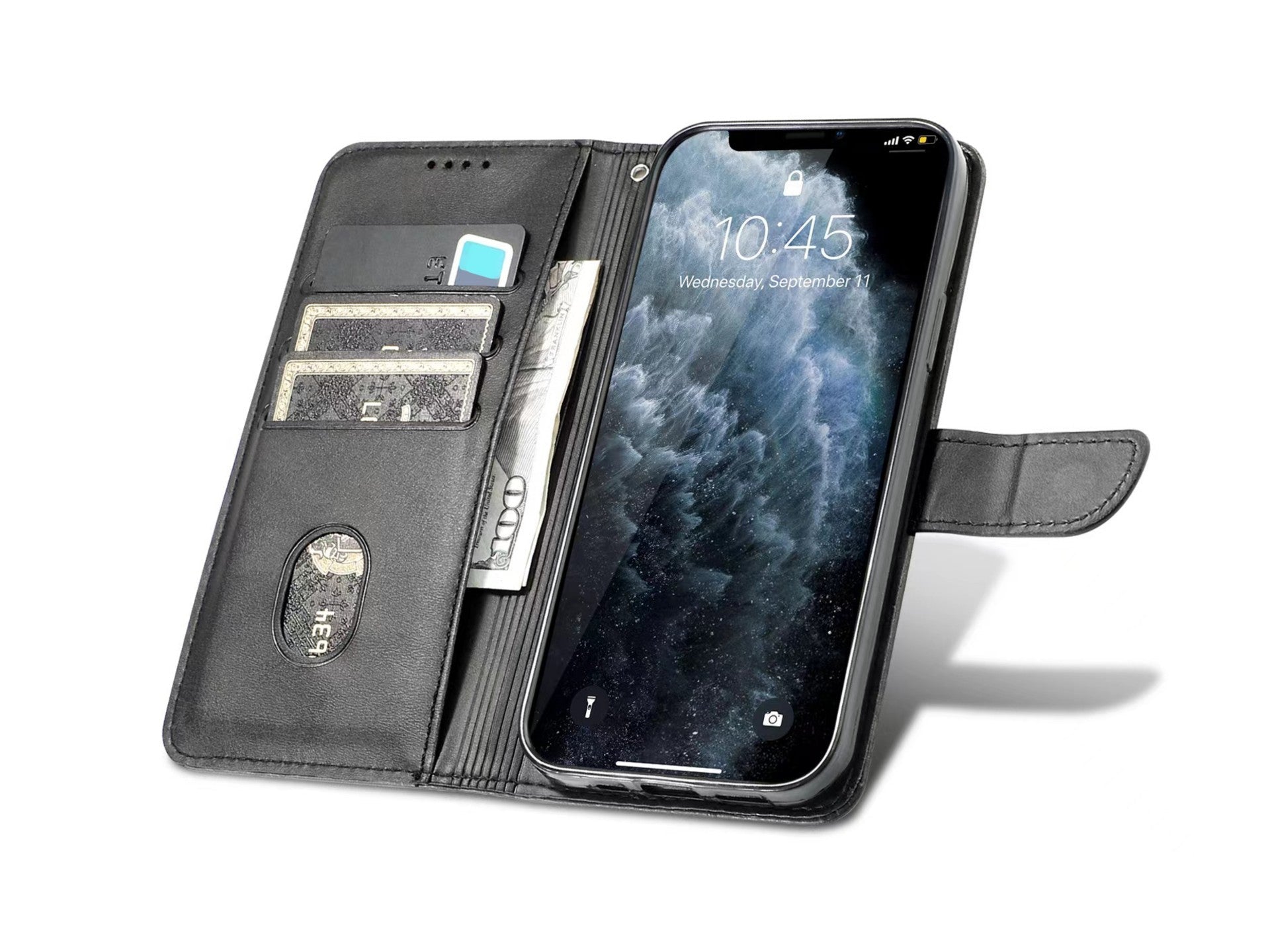 Capa de couro com aba para telemóvel Techancy com 3 ranhuras para cartões, KX5600, função de suporte e proteção contra quedas, compatível com iPhone 11 Pro, Preto