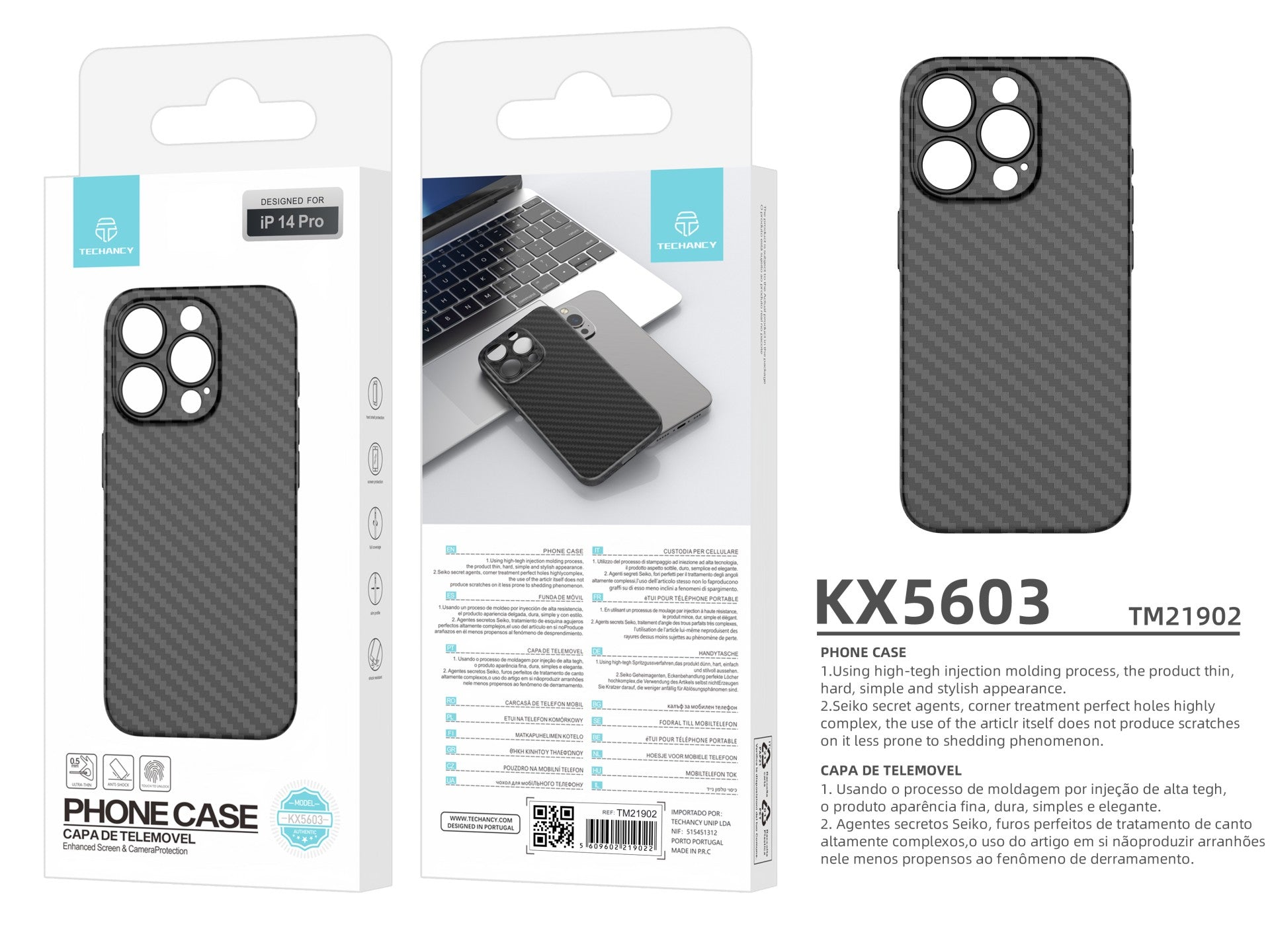 Techancy Capa Para Telemóvel Ultra Fina Em Fibra De Carbono KX5603, Compatível Com Iphone 15, Material Pp De 0,5 Mm.