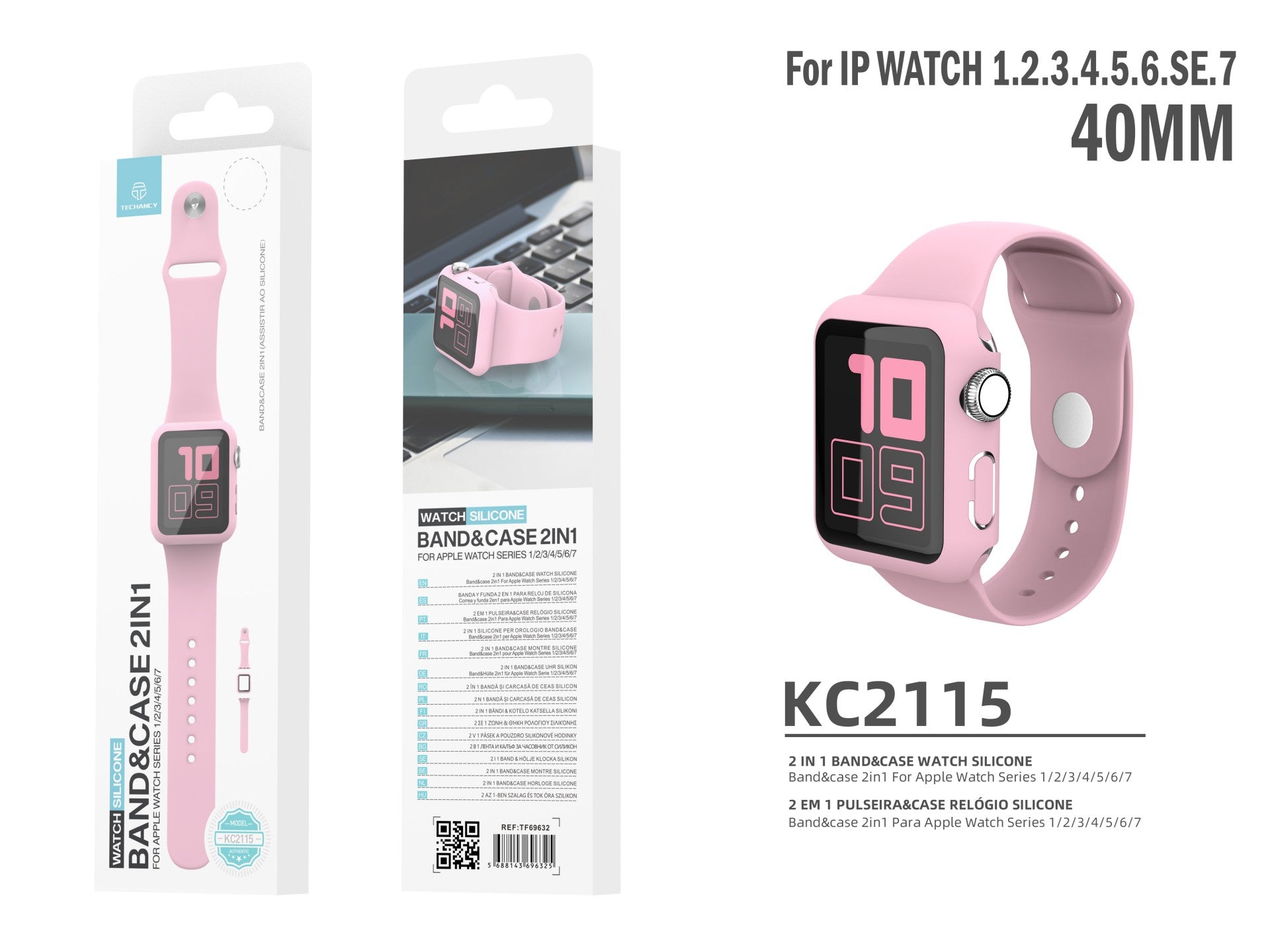 Pulseira de silicone para relógio Techancy, KC2115, com protetor de ecrã, compatível com Apple Watch 40 mm, rosa