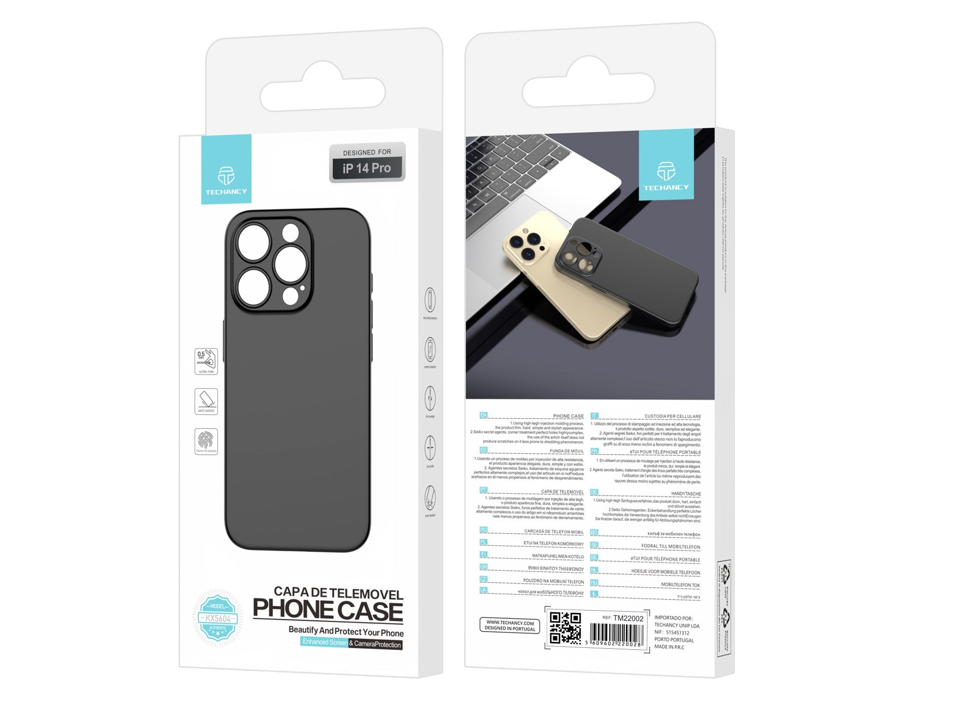 Techancy Capa Para Telemóvel Ultra Fina Preta KX5604, Compatível Com O Telemóvel Iphone 14 Pro, Material Pp De 0,5 Mm.
