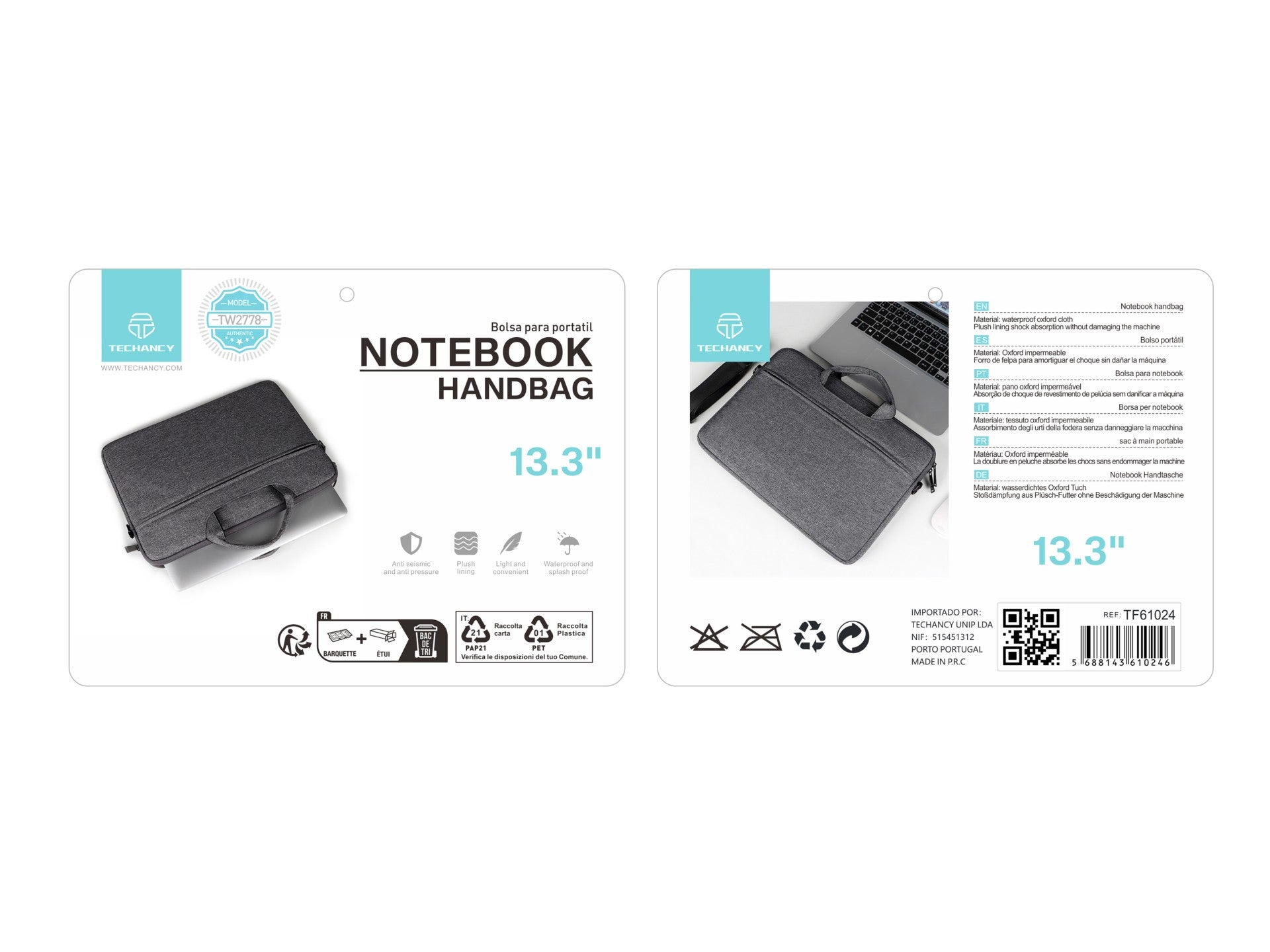 Mala para computador portátil Techancy TW2778, Preto, 13,3 polegadas, alça ajustável