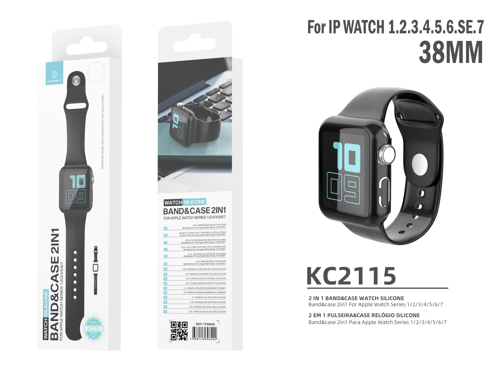 Pulseira de silicone para relógio Techancy, KC2115, com protetor de ecrã, compatível com Apple Watch 38 mm, Preto