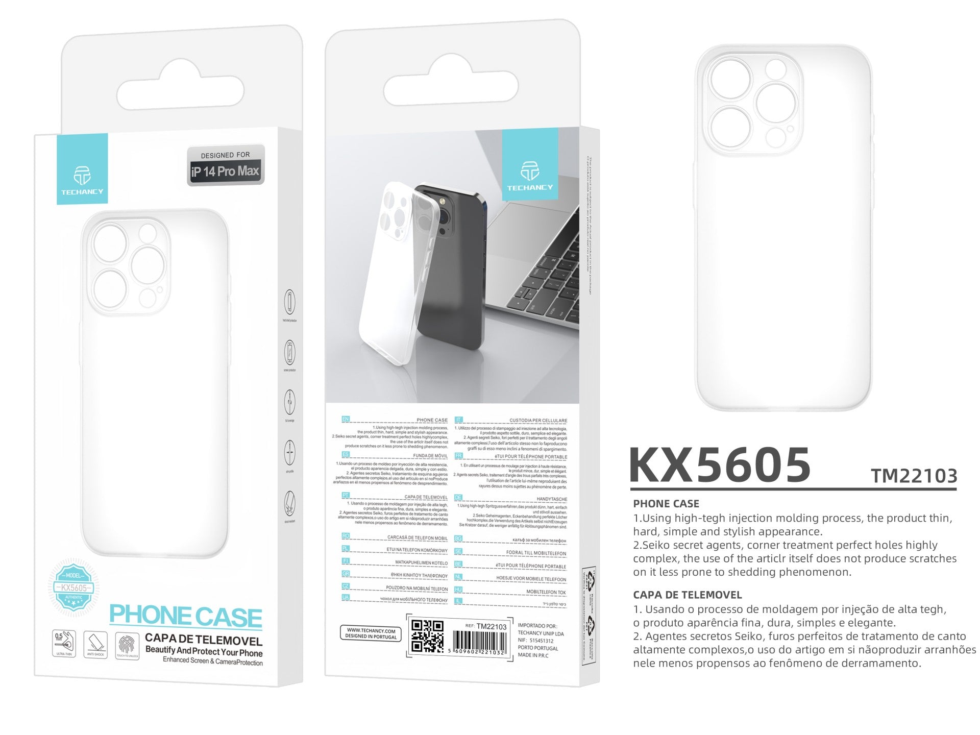 Techancy Capa Para Telemóvel Ultrafina Cor Transparente KX5605, Compatível Com O Telemóvel Iphone 14 Pro Max, Material Pp De 0,5 Mm.