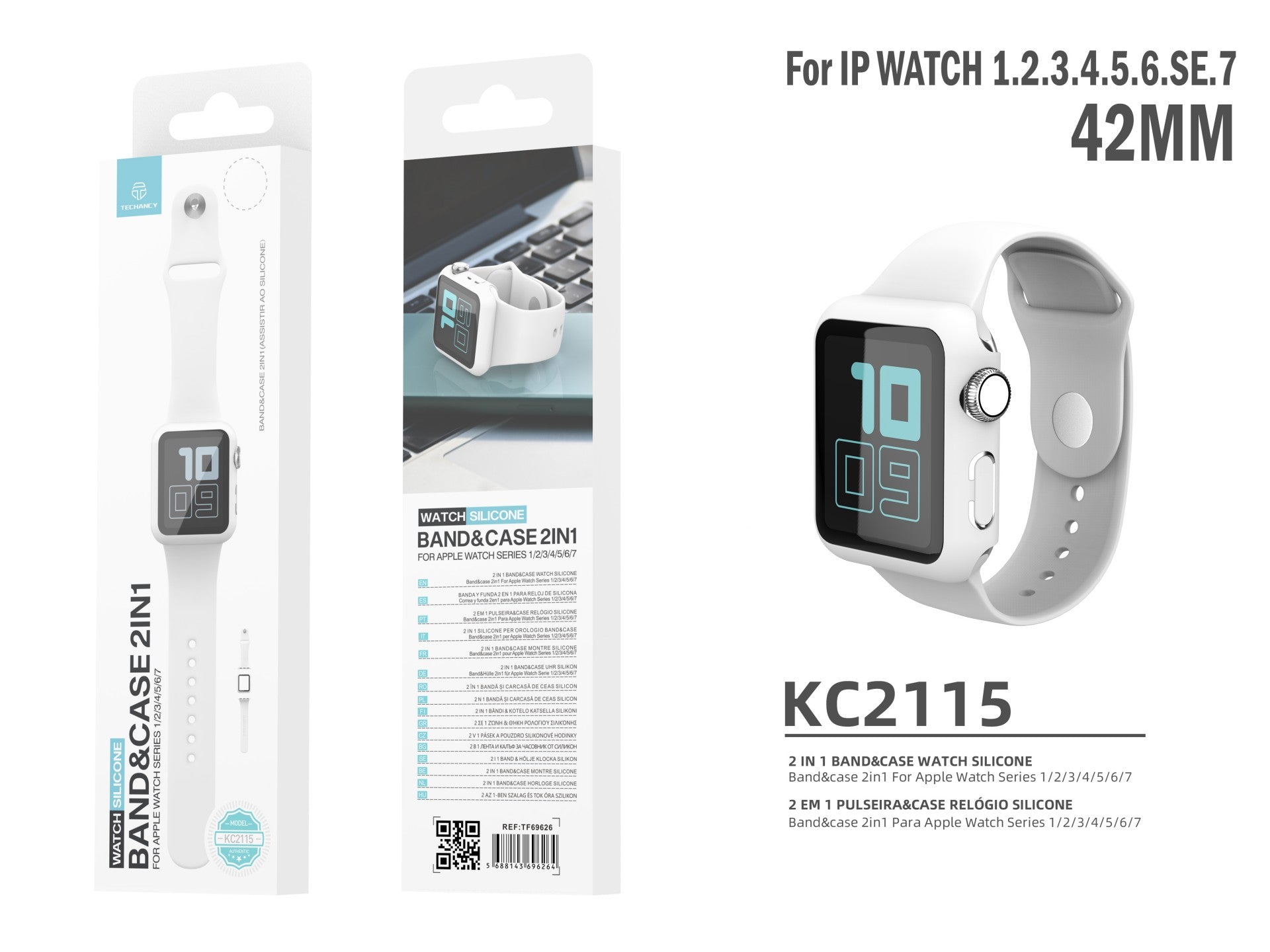 Pulseira de silicone para relógio Techancy, KC2115, com protetor de ecrã, compatível com Apple Watch 42 mm, Branco